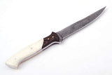 Custom Handmade Damascus Fillet Knife - 12" Bone & Exotic Wood Handle with Brass Bolster and Leather Sheath