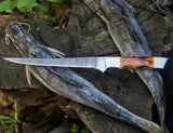 Custom Handmade 13-Inch Damascus Steel Fillet Knife with Camel Bone Handle and Leather Sheath