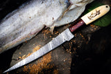 Custom Handmade Damascus Steel Fillet Knife with Camel Bone and Rosewood Handle - 13" Overall Length