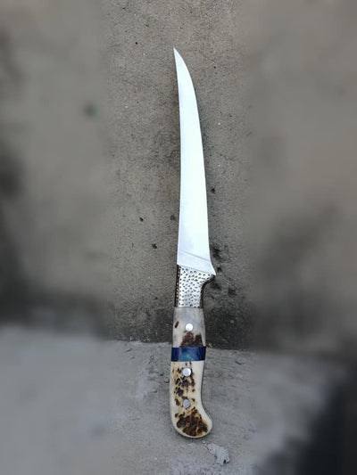 Custom D2 Steel Fillet Knife with Antler Horn Handle and Steel Bolster - Includes Leather Roll Kit