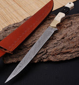 Custom Handmade 13-Inch Damascus Fillet Knife with Buffalo Horn and Bone Handle, Brass Accents