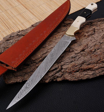 Custom Handmade 13-Inch Damascus Fillet Knife with Buffalo Horn and Bone Handle, Brass Accents