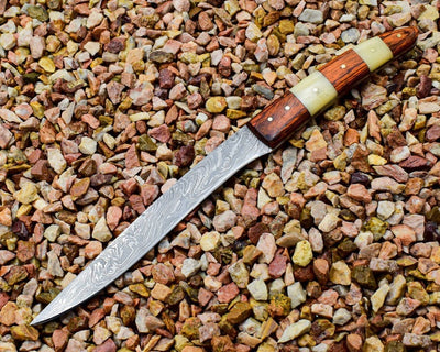Custom Handmade Damascus Fillet Knife with Bone and Rosewood Handle - 10.5" Overall Length with Leather Sheath