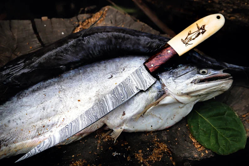 Custom Handmade Damascus Steel Fillet Knife with Camel Bone and Rosewood Handle - 13" Overall Length
