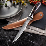 Custom Handmade Damascus Steel Fillet Knife - 10.5" Exotic Wood Handle with Steel Bolster & Leather Sheath | Best Flexible Fishing Fillet Knives