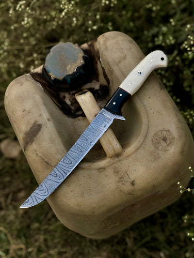 Custom Handmade Damascus Steel Fillet Knife with Wenge Wood and Bone Handle - Includes Leather Sheath