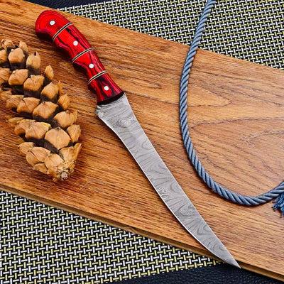 Custom Handmade Damascus Steel Fishing Fillet Knife - 13" with Pakka Wood Handle & Leather Sheath