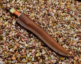 Custom Handmade Damascus Fillet Knife with Bone and Rosewood Handle - 10.5" Overall Length with Leather Sheath
