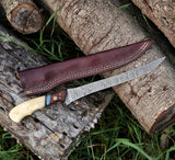 Custom Handmade Damascus Steel Fishing Fillet Knife - 13" Blade with Camel Bone and Rosewood Handle & Leather Sheath | Best Flexible Fillet Knife