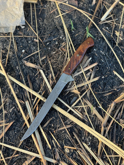 Custom Handmade Damascus Steel Fishing Fillet Knife - 13" Blade, Rosewood Handle with Steel Bolster & Leather Sheath | Superior Flexible Fillet Knife