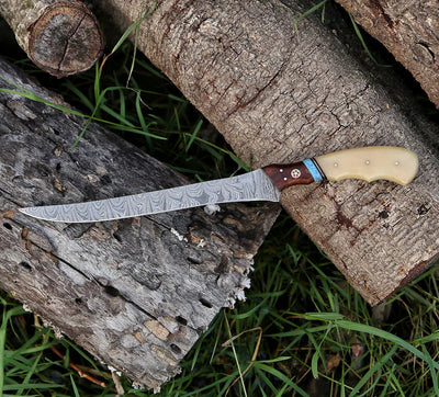 Custom Handmade Damascus Steel Fishing Fillet Knife - 13" Blade with Camel Bone and Rosewood Handle & Leather Sheath | Best Flexible Fillet Knife