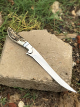 Best Custom Handmade D2 Steel Fishing Fillet Knife - Stag Horn Handle with Steel Bolster & Leather Sheath | Top Flexible Fillet Knives