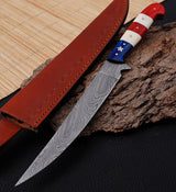 Custom Handmade 12-Inch Damascus Fillet Knife with Exotic Wood and Bone Handle, Leather Sheath Included