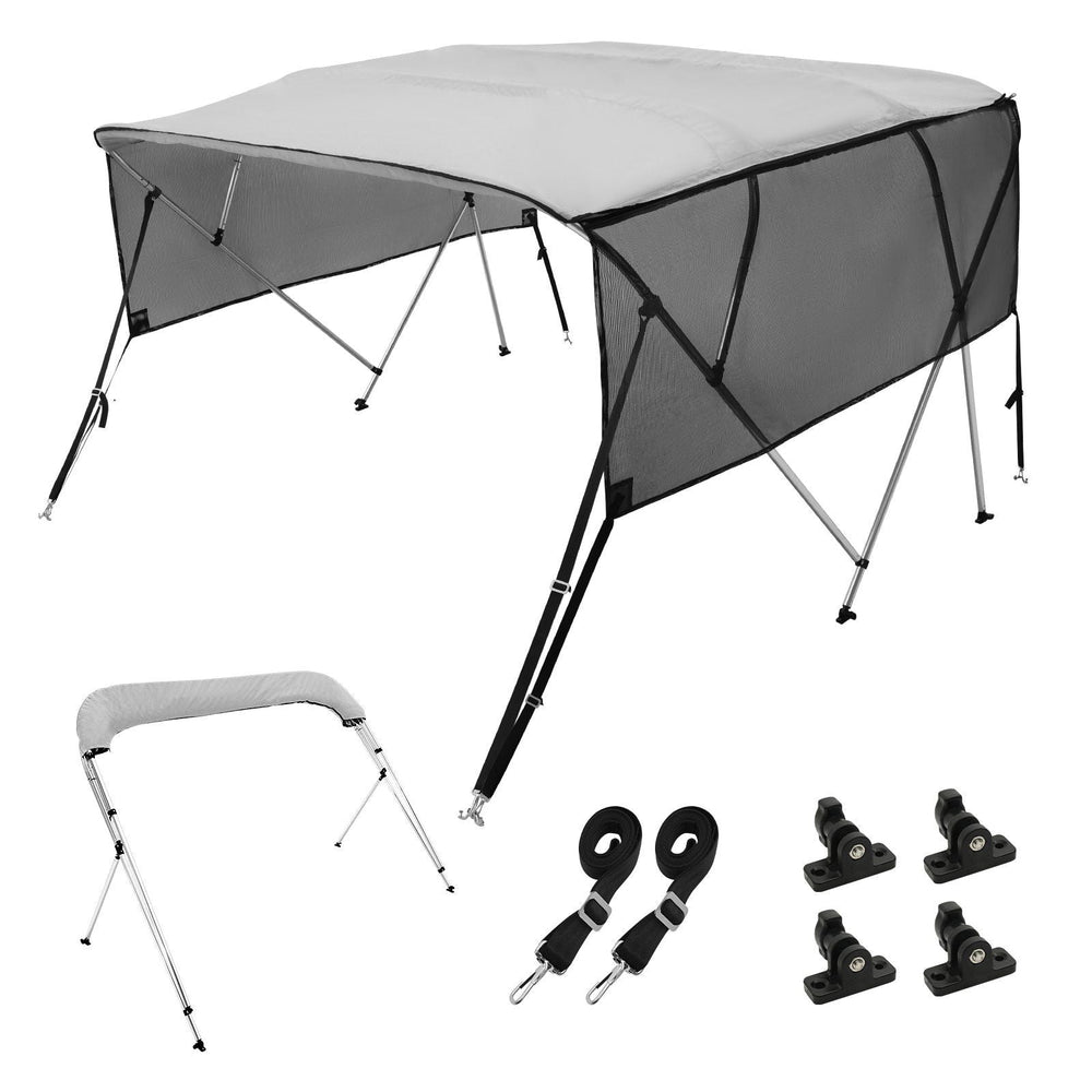 4 Bow Bimini Top Boat Cover, Detachable Mesh Sidewalls, 600D Polyester Canopy with 1" Aluminum Alloy Frame, Includes Storage Boot, 2 Straps, 2 Support Poles, 8'L x 54"H x 85"-90"W, Light Grey